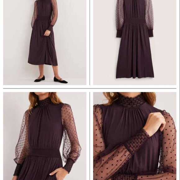 Boden Plum Purple Dots Tulle Long Sleeve Jersey Midi Party Dress 12P - Picture 2 of 11